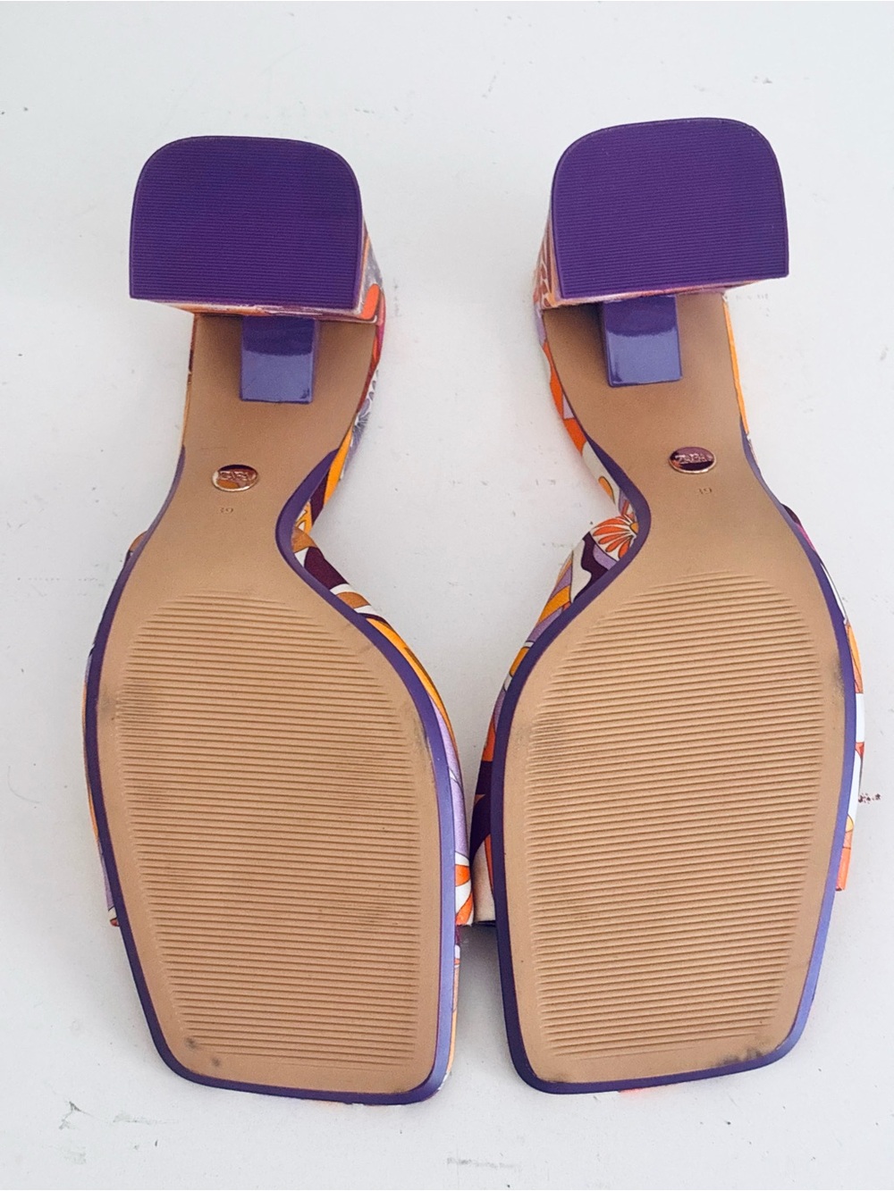 Zara Vibrant Floral Print Block Heel Square Toe Sandals Orange Purple, 39 (8.5) - Picture 9 of 10